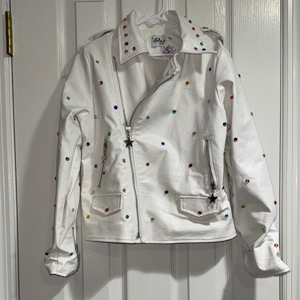 White Leather Jacket with Multicolor Studs
